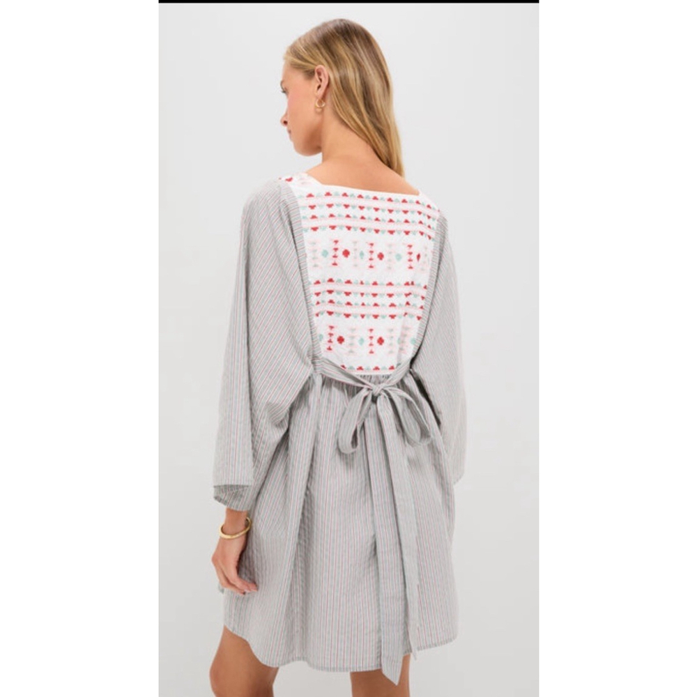 POMANDER PLACE Sage Stripe Embroidered Sadona Mini Dress Medium Cottage Prairie - Picture 3 of 11